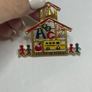 School pin brooch enamel painted teacher themed apple old fashioned bell